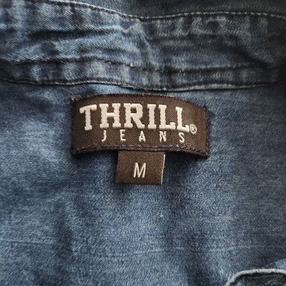 Thrill Jeans Sleeveless Denim Distressed Collared Top Shirt Blouse High Low Sz M - Picture 9 of 14